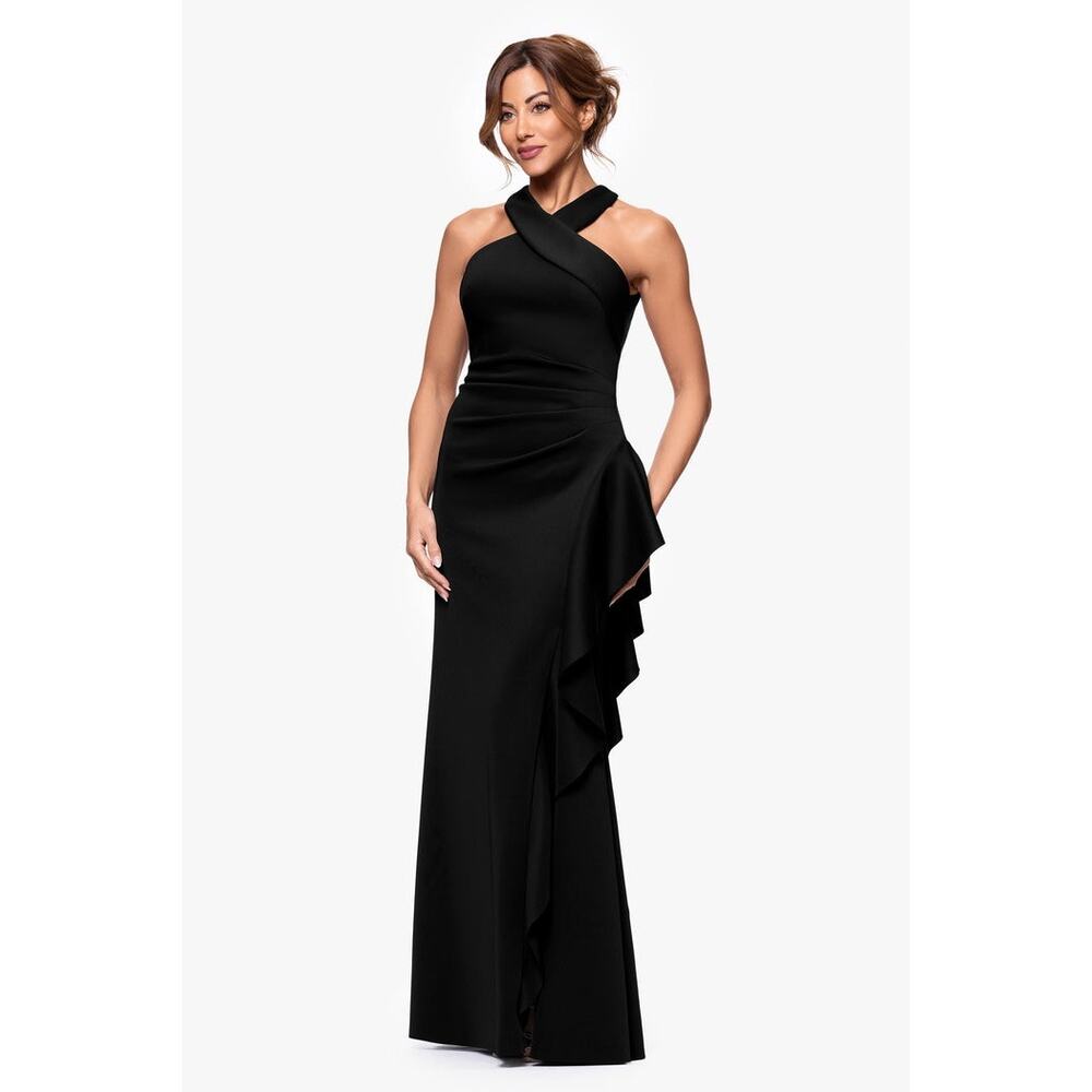 Xscape Scuba Crepe Sleeveless Leg Slit Ruffle Floor Length Dress Black Sz 4 NWT - Picture 4 of 13